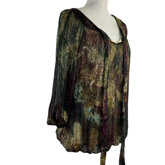 Dressbarn Multicolor Bubble Hem Paisley Earth Tones Blouse Neck Tie Size Large - Picture 2 of 8